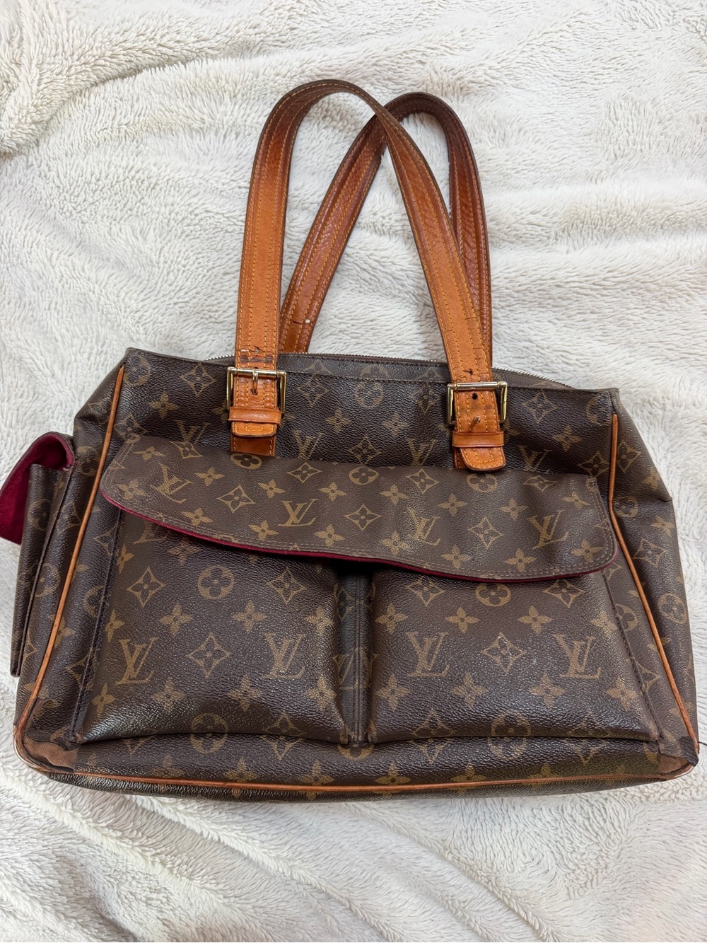 Louis Vuitton Brown Monogram Shoulder Bag with Tan Handles and Red Trim - Picture 1 of 4